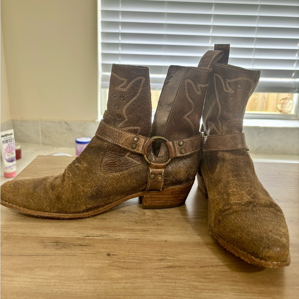 Bed Stu “Canada” Brown Suede & Leather Harness Western Style Ankle Boots - Picture 13 of 16